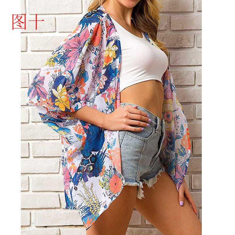 Summer Women Printed Shawl Blouse Seaside Beach Cloak Sun Protection Shirt