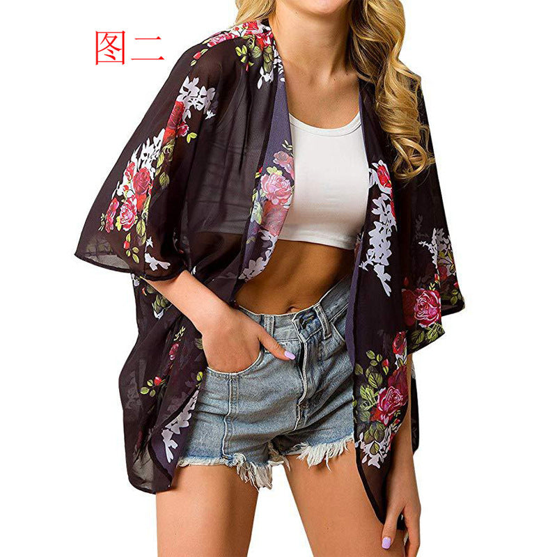 Summer Women Printed Shawl Blouse Seaside Beach Cloak Sun Protection Shirt
