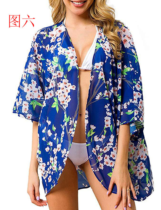 Summer Women Printed Shawl Blouse Seaside Beach Cloak Sun Protection Shirt