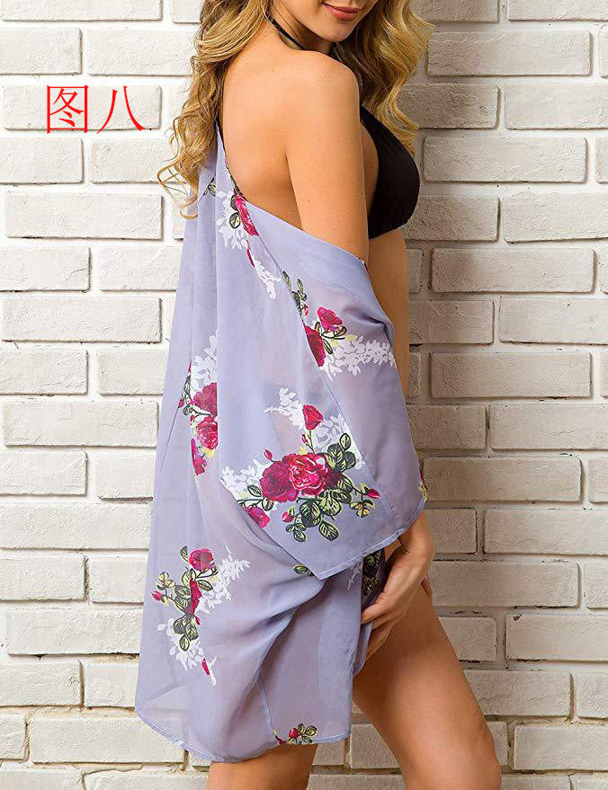 Summer Women Printed Shawl Blouse Seaside Beach Cloak Sun Protection Shirt