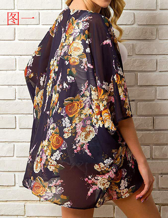 Summer Women Printed Shawl Blouse Seaside Beach Cloak Sun Protection Shirt