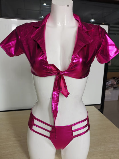 Pink Patent Leather Top Push up Bikini Sexy Underwear