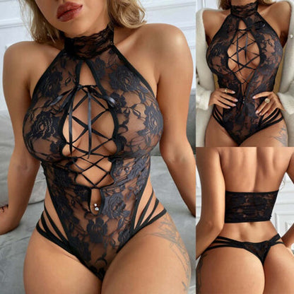 New Sexy Lingerie Sexy Lace Hollow Out Cutout Lace-up See-through Cat Girl Jumpsuit