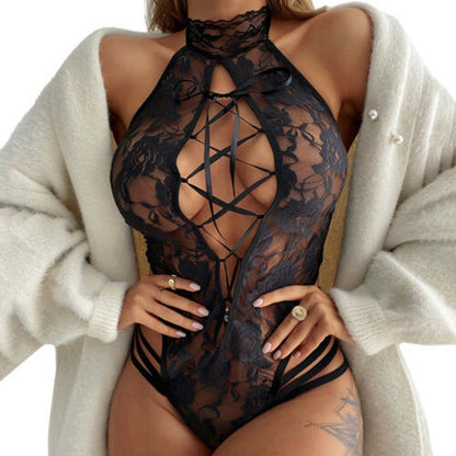 New Sexy Lingerie Sexy Lace Hollow Out Cutout Lace-up See-through Cat Girl Jumpsuit